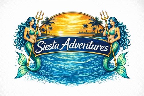 Logo featuring two mermaids holding tridents on either side of a sunset over water, with "Siesta Adventures" written across the center.
