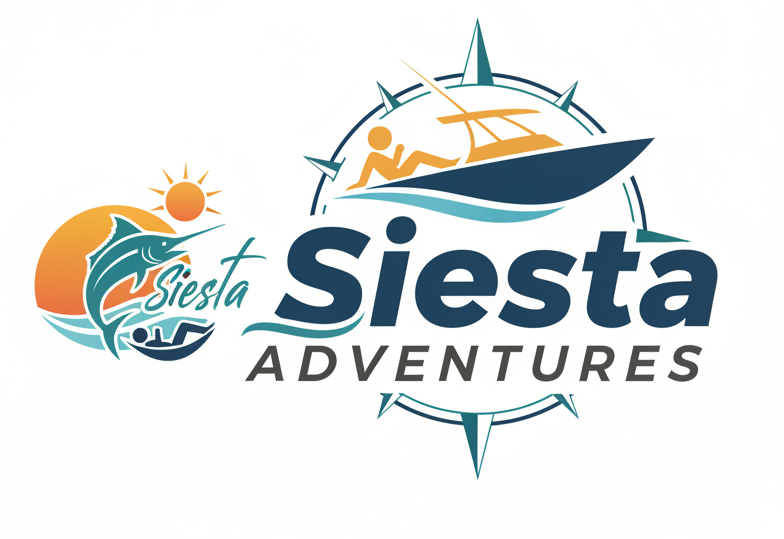 Logo for Siesta Adventures featuring a stylized boat with a person, a sun, a fish, and a compass rose, with "Siesta Adventures" written prominently.