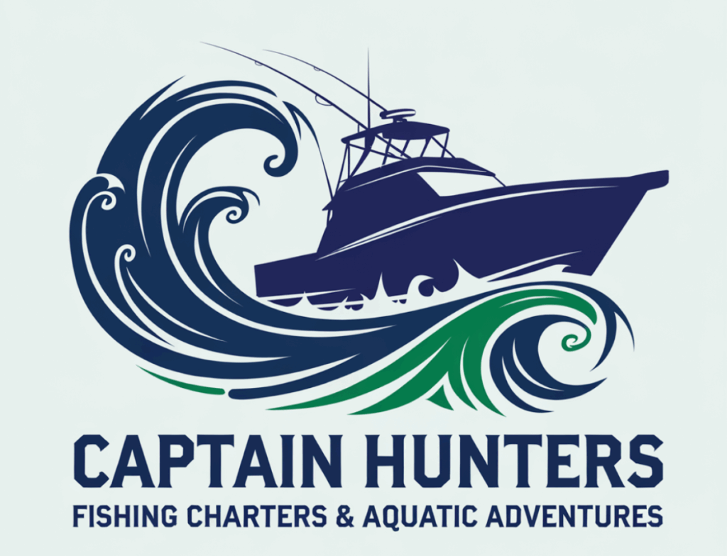 Logo of Captain Hunters featuring a stylized fishing boat riding a wave, with the text "Fishing Charters & Aquatic Adventures" below.