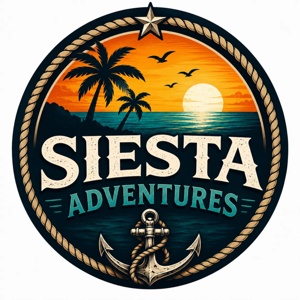 A round logo with palm trees, an ocean sunset, birds, and an anchor, featuring the words "Siesta Adventures" in bold letters.