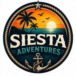 A round logo with palm trees, an ocean sunset, birds, and an anchor, featuring the words "Siesta Adventures" in bold letters.