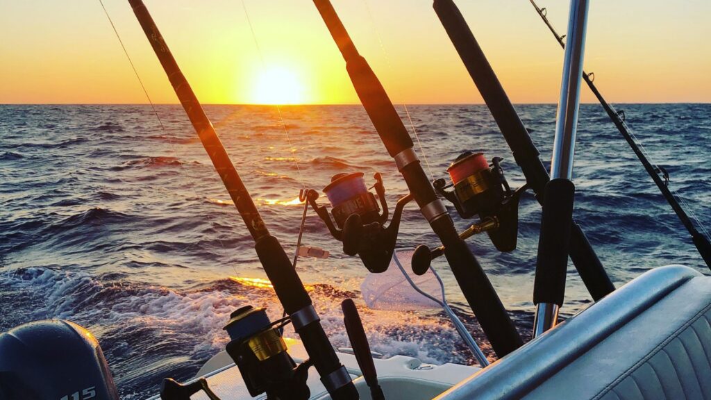 Fishing rods are mounted on the back of a boat