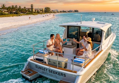 Four people sit on a boat labeled "Sunset Seekers" near a sandy beach, raising drinks in a toast as the sun sets on Siesta Key, Florida.